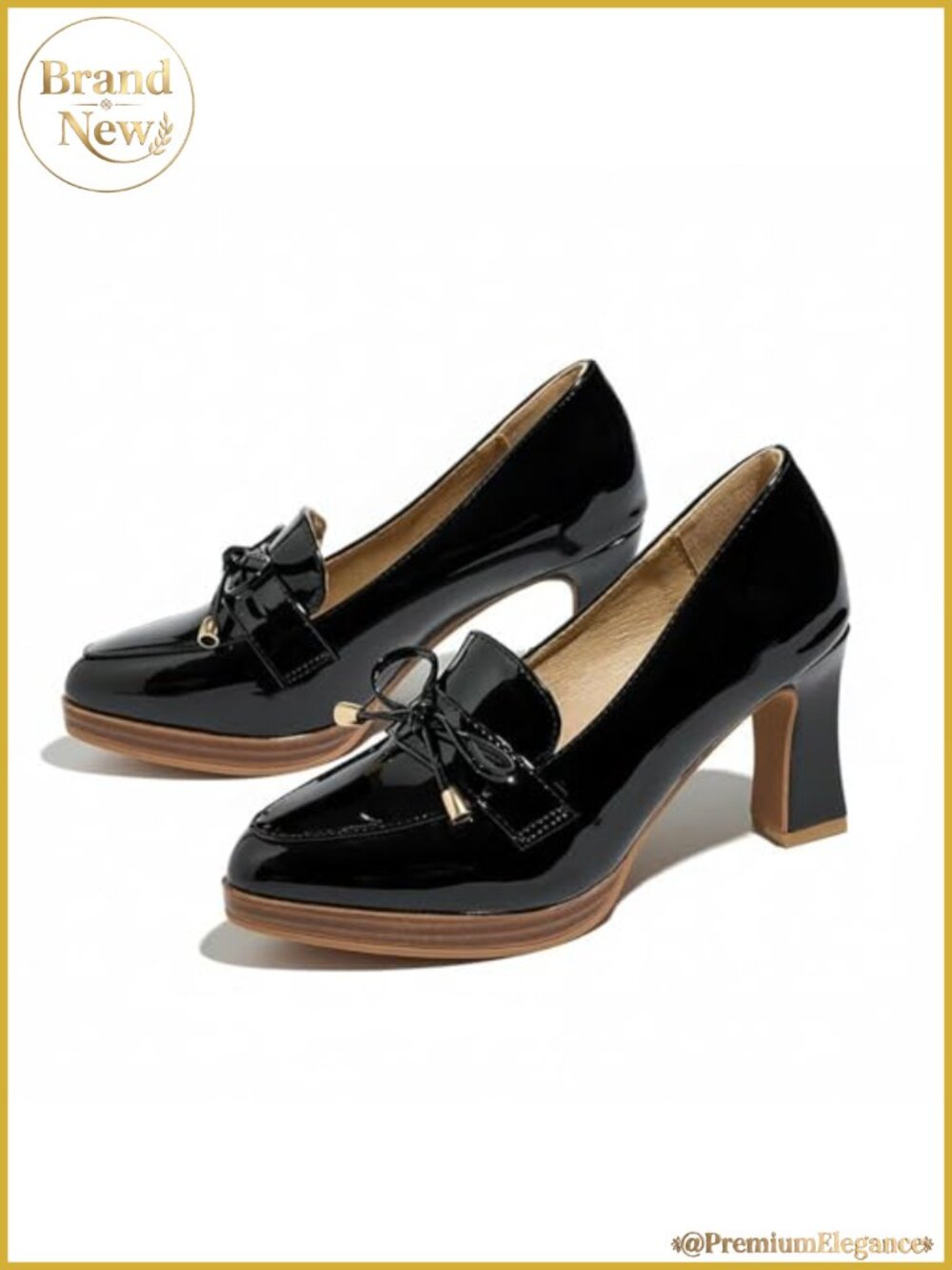 Patent Chunky Heel Pumps with Bow Cute Pointed Toe Slip-On Block High Heels